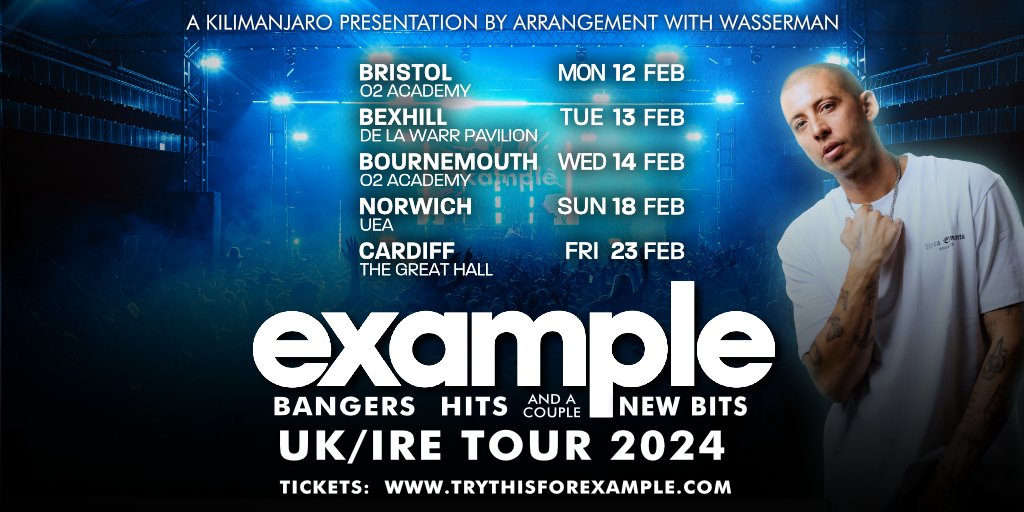 🚨 NEW SHOW 🚨

Example is coming back to Cardiff in The Great Hall on Friday 23rd February 2024!!  🔥🔥

⏰ Tickets go on sale this Friday (08/09) at 10am!!
🔗cardiffboxoffice.com/ents/event/306…