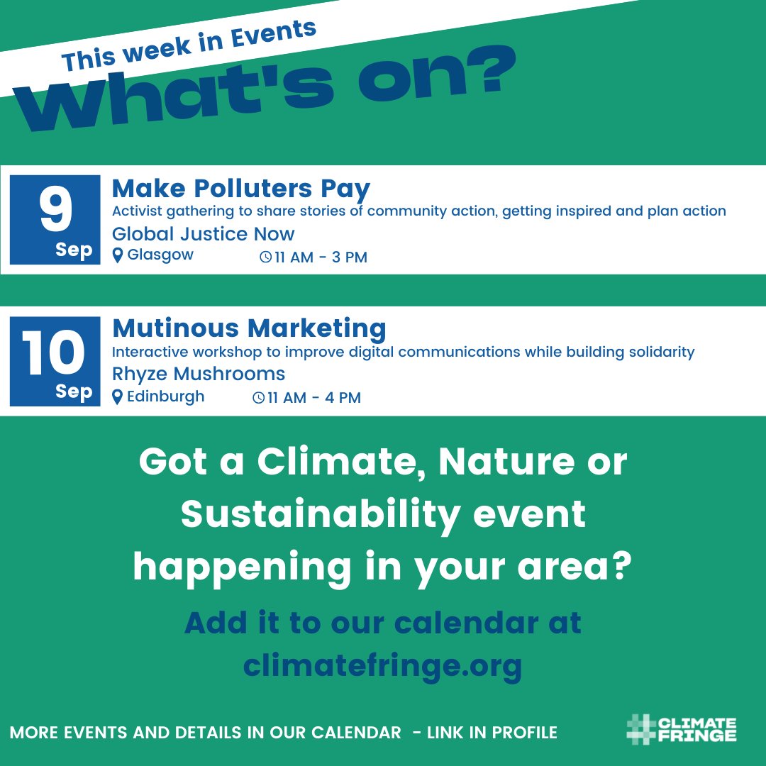 ClimateFringe's tweet image. What's On! 🌻

Climate, nature and sustainability events across Scotland.

#Whatsonscotland #climateevents #climateventsonline #makepolluterspay #climatecafe #climatecafescotland

@AbzClimate @ScotCCAN @LewisCoenenRowe @globaljusticesc @RhyzeMushrooms