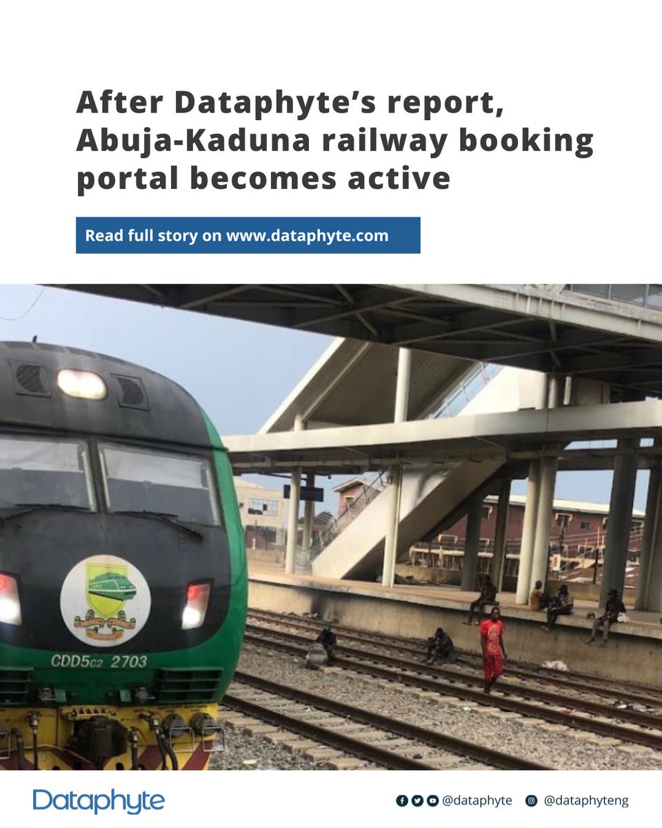 Dataphyte's tweet image. Good News!!!

Weeks after Dataphyte’s report on the inactive portal for the Abuja-Kaduna railway, the digital booking portal is now active!!!! Passengers can now book train tickets online. 💃

Visit our website for full details: bit.ly/47U0b7g

#DataforAccountability…