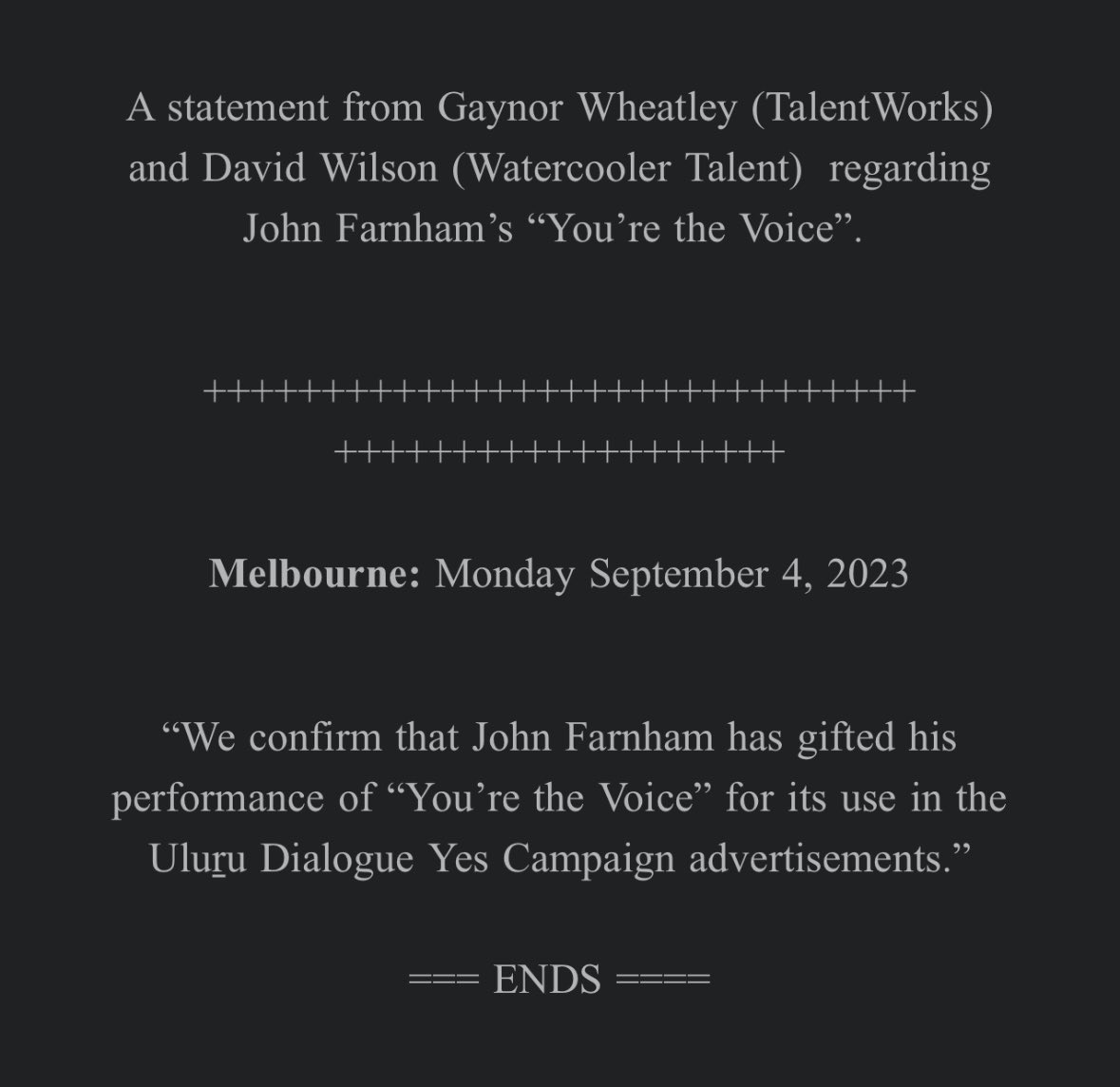 <a href="/LibertarianMaya/">Maya Tesa - Advocating for Victorians 🙅🏻‍♀️</a> Hi Maya, the Yes campaign does not receive taxpayer funding. Both Yes and No received $0 in federal funds and have exactly the same tax status. Your claim about John Farnham is also completely false, see below: