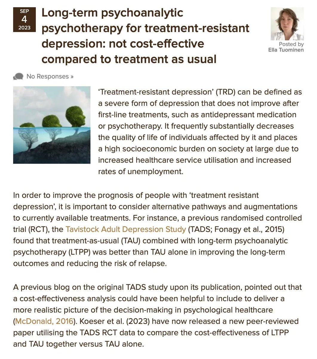 Today @EllaWTuominen considers the Tavistock Adult Depression Study by @PeterFonagy, @Knappem, @mccrone_paul et al @TaviPortPubs, which evaluated the cost-effectiveness of long-term psychoanalytic psychotherapy for treatment resistant depression nationalelfservice.net/?p=174689