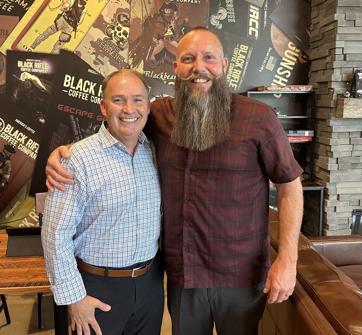 gjoyner_'s tweet photo. So good to run into my friend, Jaramie @ Black Rifle Coffee Company in Spanish Fork, Utah. A fantastic church planter and revitalizer and an even better guy. Plus he got some strong beard and stache, game-:) https://t.co/xUg9g6kS12