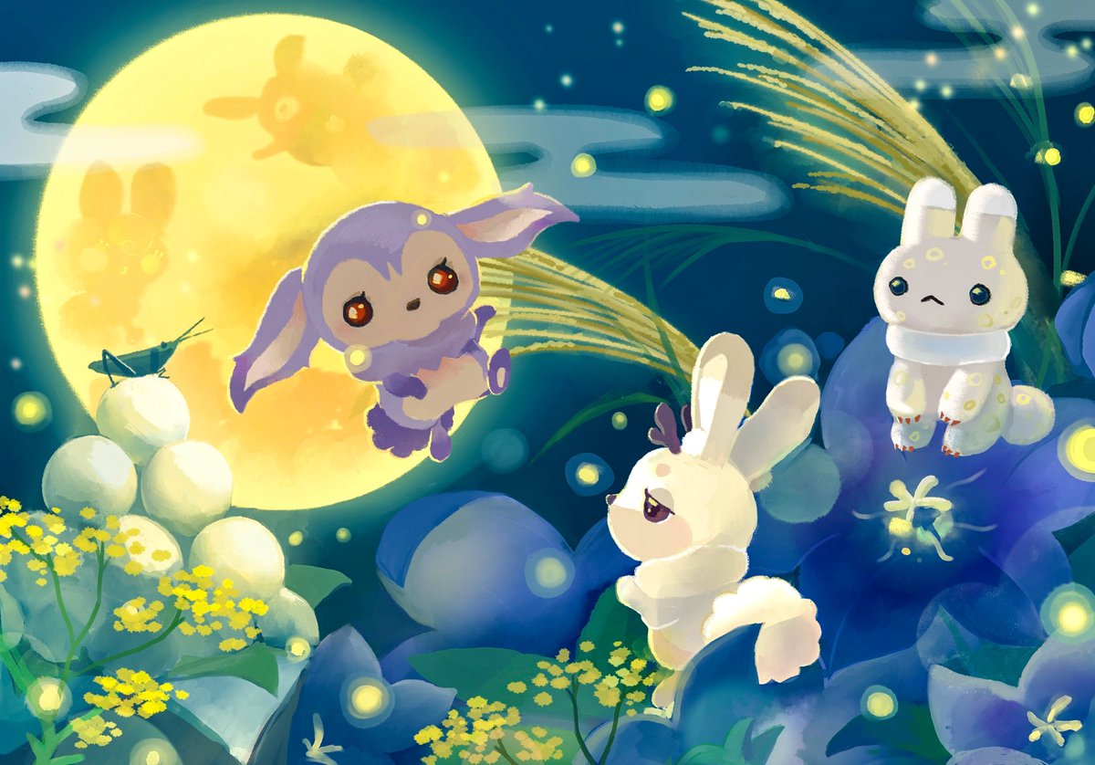 lophophora's tweet photo. ラビネとコルヌとファードット
まんまる月夜にゃウサギが踊る🌾🐇

今年の十五夜は9月29日🌕

#リヴリー原型カレンダー #リヴリーファンアート #植物とリヴリー #お月見 https://t.co/uthfPMrR7Q