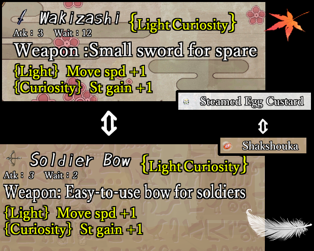 GamesMidoriko's tweet photo. 'Item Reincarnation' System ⚔🏹
-Sword <-> Bow
-Dagger <-> Spear
Share items between Edo & Ancient Egypt.
Weapons with 'Hounted' (in yellow) are rare.
They power up based on inscriptions.
Foods also adapt to their respective eras.🍌
#CrossSoul https://t.co/5ob0di4NNb