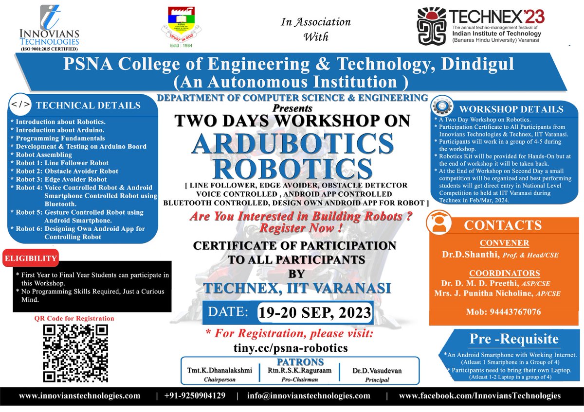csepsnacet's tweet image. 𝐃𝐞𝐩𝐚𝐫𝐭𝐦𝐞𝐧𝐭 𝐨𝐟 𝐂𝐒𝐄,𝐏𝐒𝐍𝐀𝐂𝐄𝐓 in Association with 𝐓𝐄𝐂𝐇𝐍𝐄𝐗,𝐈𝐈𝐓,𝐕𝐚𝐫𝐚𝐧𝐚𝐬𝐢 organizes a 𝐓𝐰𝐨 𝐃𝐚𝐲𝐬 𝐖𝐨𝐫𝐤𝐬𝐡𝐨𝐩 on &quot; 𝐀𝐑𝐃𝐔𝐁𝐎𝐓𝐈𝐂𝐒 𝐑𝐎𝐁𝐎𝐓𝐈𝐂𝐒&quot; for CSE students 𝐟𝐫𝐨𝐦 𝟏𝟗.𝟗.𝟐𝟎𝟐𝟑 𝐭𝐨 𝟐𝟎.𝟗.𝟐𝟎𝟐𝟑 𝐢𝐧 𝐈𝐁𝐌 𝐋𝐚𝐛.