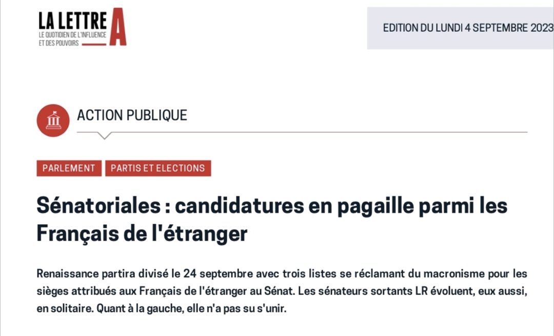 Olivier Bertin (@olivierbertin) on Twitter photo Sénatoriales : candidatures en pagaille parmi les Français de l'étranger, un article de <a href="/MaelJoua/">Maël Jouan</a> pour <a href="/LaLettreA/">La Lettre A</a>.
Article intégral pour les abonnés Sénatoriales : candidatures en pagaille parmi les Français de l'étranger, un article de <a href="/MaelJoua/">Maël Jouan</a> pour <a href="/LaLettreA/">La Lettre A</a>.
Article intégral pour les abonnés