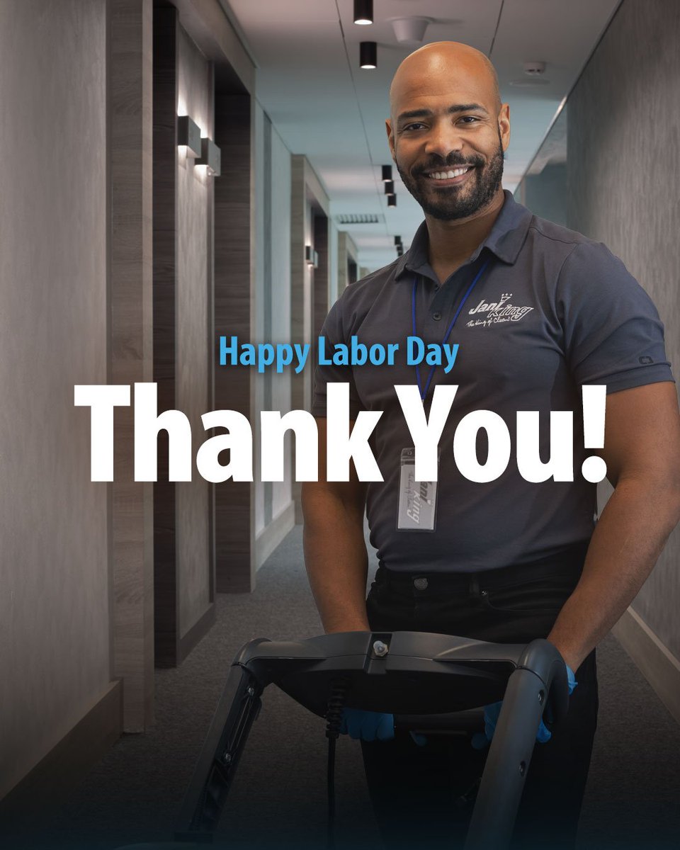 JaniKingClean's tweet photo. Wishing the Jani-King Family a joyful Labor Day! Your unwavering dedication and hard work are truly commendable. Here's to a day of well-deserved recognition and relaxation.
#LaborDay #HappyLaborDay #LaborDayWeekend #JaniKing #KingofClean #GreatestTeamToEverClean https://t.co/xSLCpTiZcj