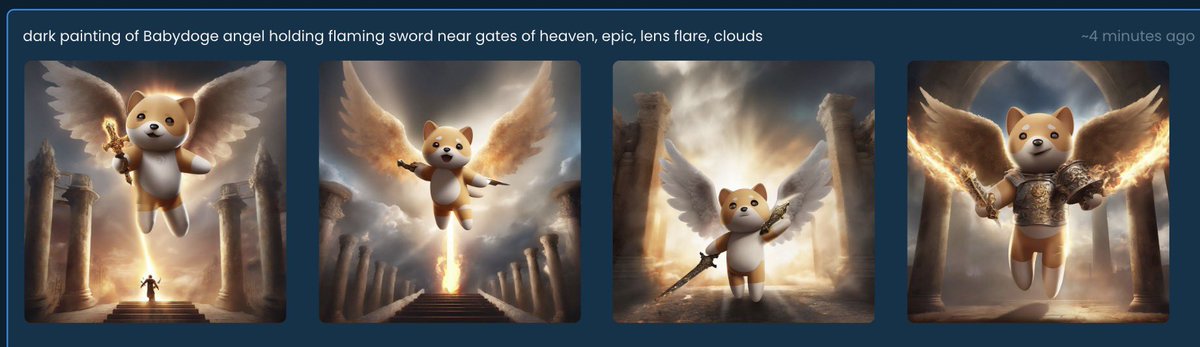 BabyDoge's tweet photo. Here are a few samples our ai was able to create!

It is specially trained #babydoge ai that can create #babydoge images.

The community will now control the ability to make memes on demand ! 

“Who controls the memes, controls the universe” https://t.co/JvJL01vzHr