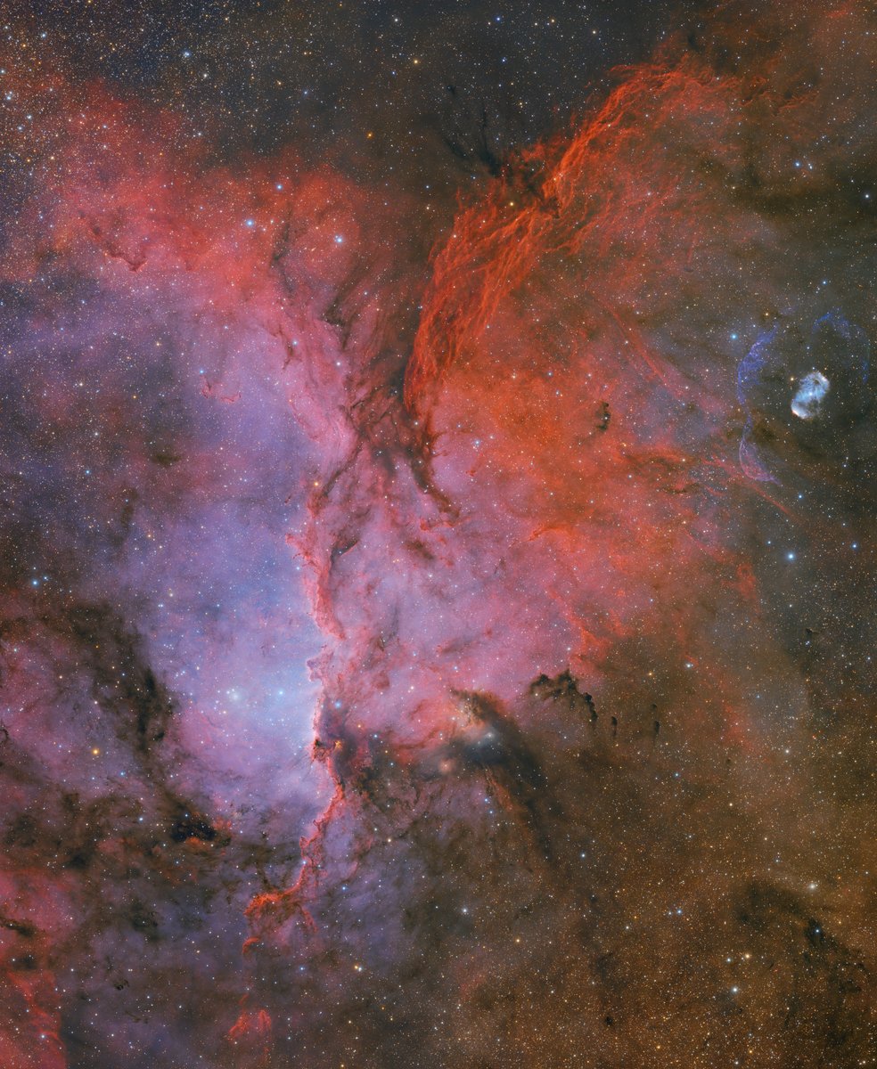 NGC6188 &amp; NGC6164 シリーズの最後は、LRGBSHO版です。ナローバンドのような細かい構造も見えつつブロードバンドのような色合いも再現。星雲中心部を見ると萌え死にそうです😆。
こちらも撮影情報とともに高解像度（等倍）版を Flickrからご覧いただけますので、是非。
flickr.com/photos/bluemoo…