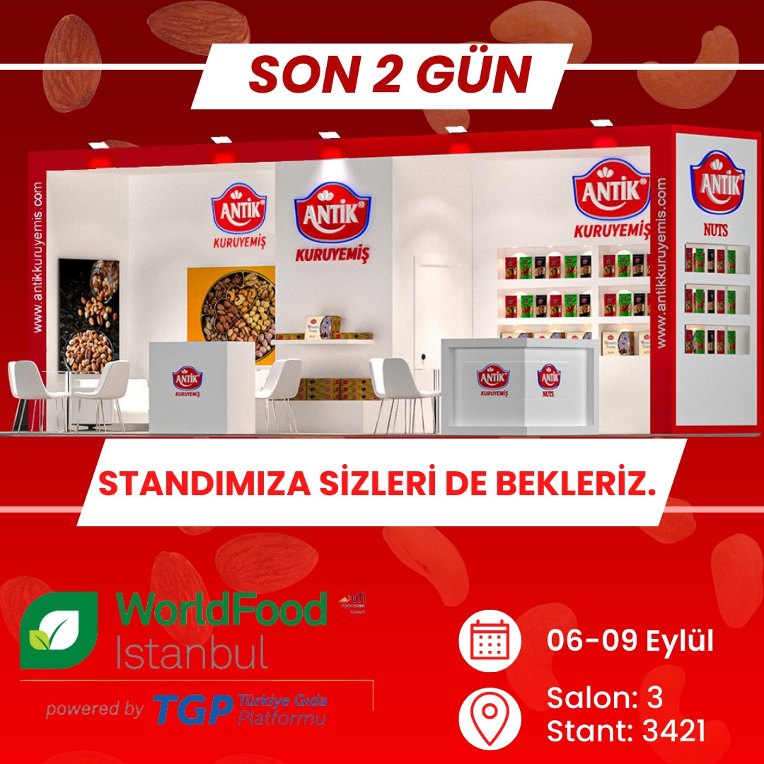 Son 2 Gün...
Stantımıza sizleri de bekleriz.
Salon: 3
Stant: 3421
#worldfood #kuruyemis #fuar