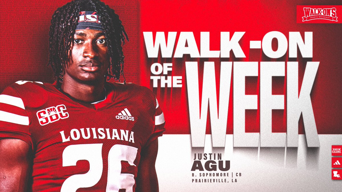 Louisiana Ragin’ Cajuns® Football (@ragincajunsfb) on Twitter photo 𝗪𝗔𝗟𝗞-𝗢𝗡 𝗢𝗙 𝗧𝗛𝗘 𝗪𝗘𝗘𝗞
<a href="/JustinAgu/">Justin Agu</a> is this week's <a href="/walk_ons/">Walk-On's Sports Bistreaux</a> Walk-On of the Week!
#cULture | #GeauxCajuns 𝗪𝗔𝗟𝗞-𝗢𝗡 𝗢𝗙 𝗧𝗛𝗘 𝗪𝗘𝗘𝗞
<a href="/JustinAgu/">Justin Agu</a> is this week's <a href="/walk_ons/">Walk-On's Sports Bistreaux</a> Walk-On of the Week!
#cULture | #GeauxCajuns