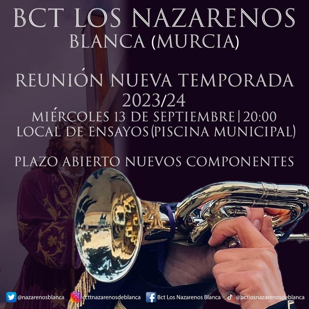 nazarenosblanca's tweet photo. El próximo miércoles 13 de septiembre a las 20h, en la piscina municipal, tendrá lugar la reunión de comienzo de temporada.
Sí estás interesad@ en ingresar en la banda, no dudes en acudir a la reunión, te informaremos de todo.

#LaMusicaDelNazareno

#SemanaSanta2024 https://t.co/TIf3Dd1hbX