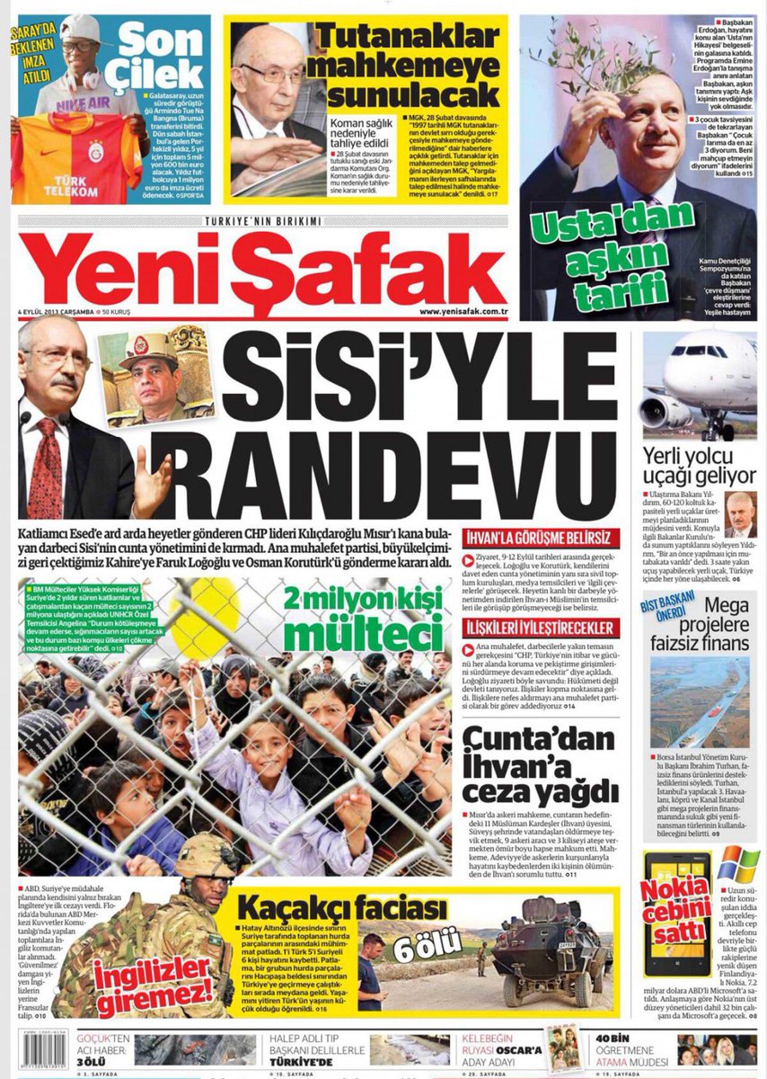 takvimdeogun's tweet image. 🗞️Takvimlerin 4 Eylül 2013'ü gösterdiğinde, Yeni Şafak gazetesinin birinci sayfasındaki haberler. #takvimdeogün