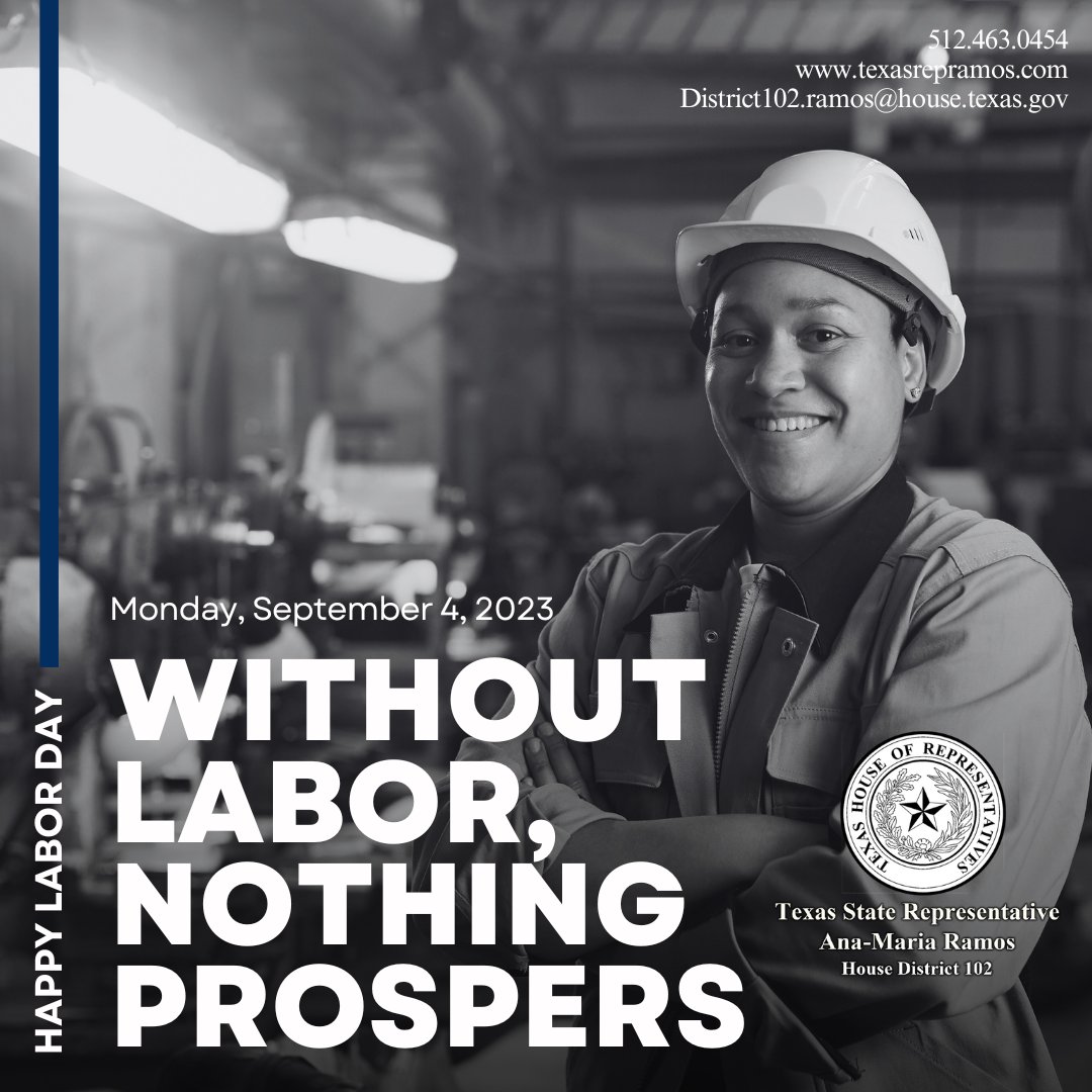 Ramos4Texas's tweet photo. Today, I celebrate the dedication, resilience, and unwavering efforts of our laborers. Labor Day isn't just a day off; it's a day to celebrate the heart and soul of our nation—the workers who build our communities. Happy Labor Day!🛠️👷♀️👷♂️ #LaborDay #HonoringWorkers #HD102 https://t.co/ODs0AGPpHa