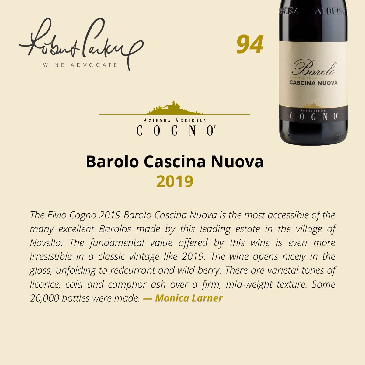 Special thanks to @MonicaLarner and Robert Parker @Wine_Advocate  for these beautiful reviews of our Barolo! 🙏

#elviocogno #wineadvocate #winereviews