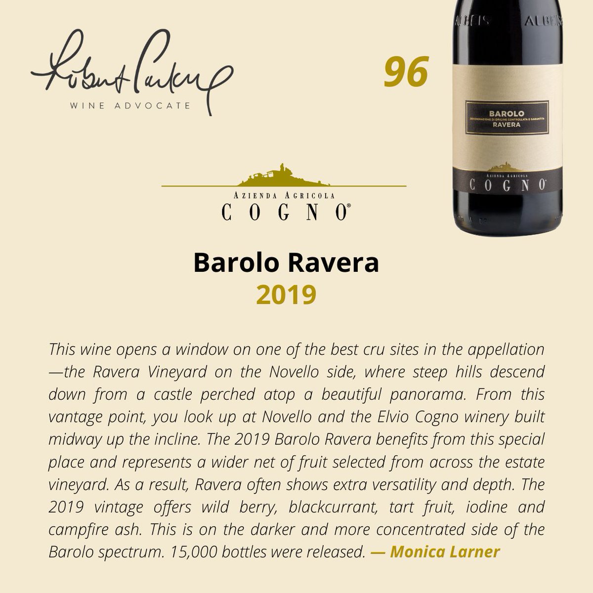 cognowines's tweet photo. Special thanks to @MonicaLarner and Robert Parker @Wine_Advocate  for these beautiful reviews of our Barolo! 🙏

#elviocogno #wineadvocate #winereviews https://t.co/usgFkQk4I8