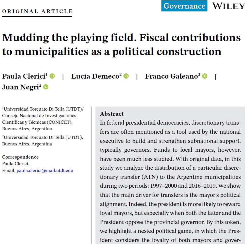 💚Paula Clerici💚 (@paduis) on Twitter photo Just published in <a href="/Gov_Journal/">Governance Journal</a> our article with <a href="/ludemeco/">Lucía Demeco</a>, <a href="/Tartagalensis/">Franco Galeano</a> and <a href="/jjnegri4/">Juan Negri</a>. We analyze the distribution of a particular discretionary transfer (ATN) to the Argentine municipalities 👉 doi.org/10.1111/gove.1… Just published in <a href="/Gov_Journal/">Governance Journal</a> our article with <a href="/ludemeco/">Lucía Demeco</a>, <a href="/Tartagalensis/">Franco Galeano</a> and <a href="/jjnegri4/">Juan Negri</a>. We analyze the distribution of a particular discretionary transfer (ATN) to the Argentine municipalities 👉 doi.org/10.1111/gove.1…