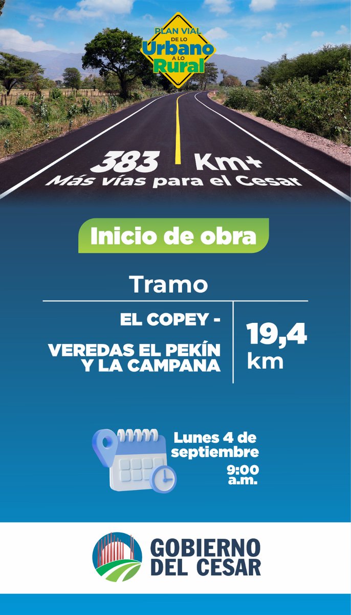 GobdelCesar's tweet photo. Iniciamos semana con más obras para nuestra gente.

Hoy, inicia la construcción de dos nuevos tramos del Plan Vial, en zona rural de El Copey y Chiriguaná.

También obras de dispersión en Poponte.

¡Esto es hacerlo mejor! https://t.co/ceUI8QxMkB
