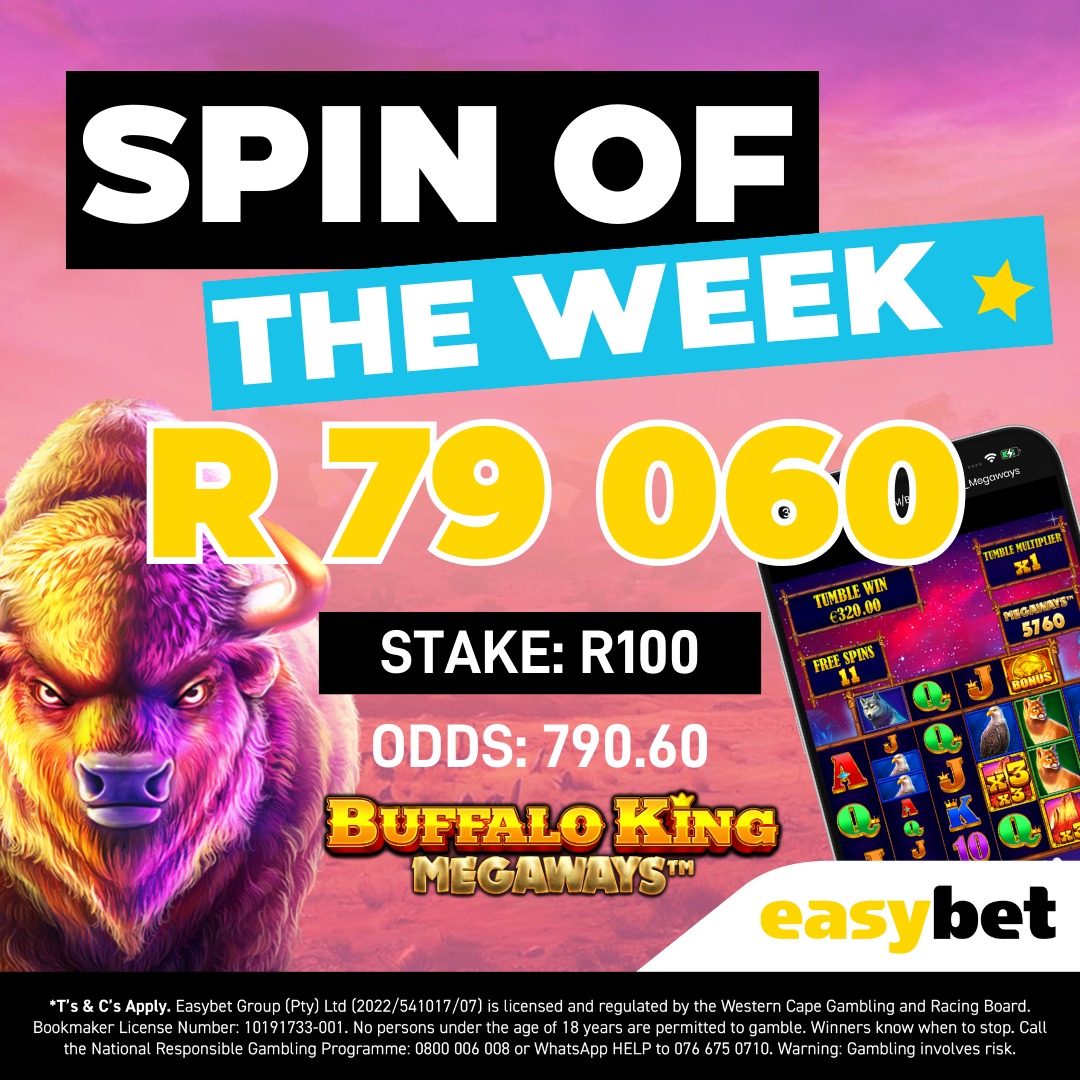 What a WIN! 💸💰

With a Stake of R100, Odds of 790.60, our player scored a jaw-dropping R79,060.00 on Pragmatic's Buffalo King Megaways! 🎉

Feeling lucky? Spin the reels at Easybet.co.za and you might just be our next big winner! 🌟bit.ly/ebbkslots