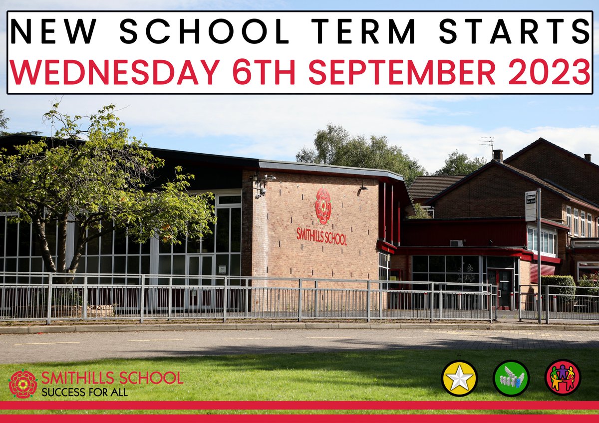 NEW SCHOOL TERM STARTS 📅
Wednesday 6th September 2023

⏰ New year 7 pupils must arrive at 8:30 a.m. and go to the main hall.
⏰ All other year groups must arrive at 9:30 a.m. via middle drive.

We look forward to welcoming all pupils back to Smithills School.

#newterm