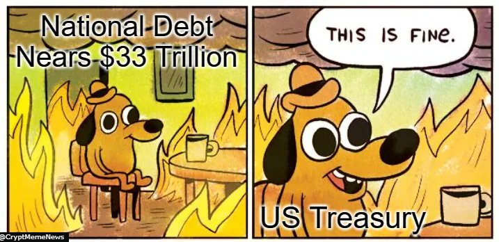 CryptMemeNews's tweet photo. U.S. National Debt Nears $33 Trillion, Sparking Widespread Concern Over Potential September Shutdown https://t.co/qjjCCaKlUJ