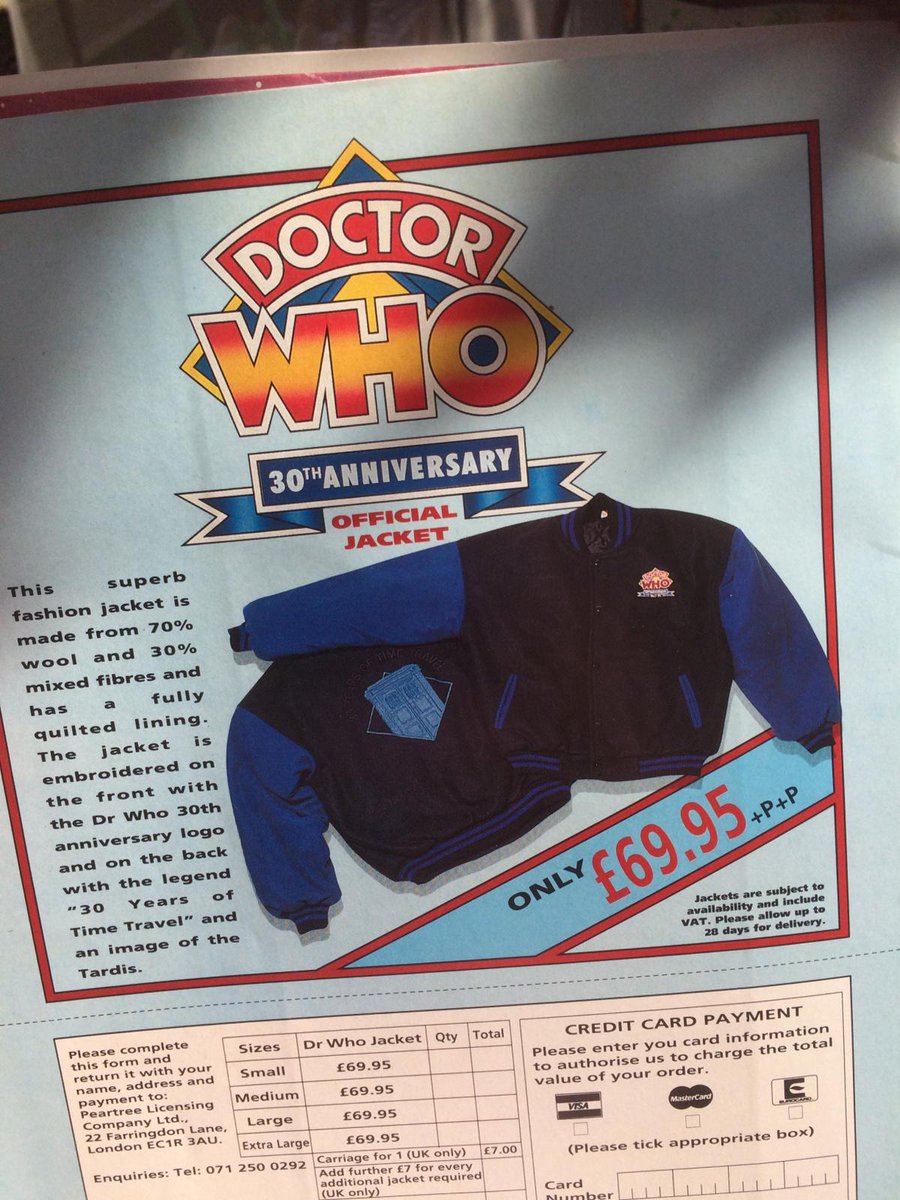 DWMenagerie's tweet photo. Wah! So far, the big #DoctorWho anniversary is a mixed bag. Bargain baseball jacket, mind. #1993 #BBCVideo #Airzone #LatestDWM https://t.co/KFat9m1ayV