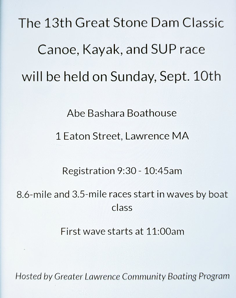 GreatStoneDam's tweet photo. Happy Labor Day! Our Canoe, Kayak &amp; SUP Race is SUNDAY 9/10/2023. On-site Registration table opens at 9:30AM — First race wave 11:00AM. 

Save $$ off your registration by bringing a bag of non-perishable food items to benefit @MVFoodBank 

For more info:
https://t.co/3aFqBlIs4N https://t.co/eIw4B9CLBW