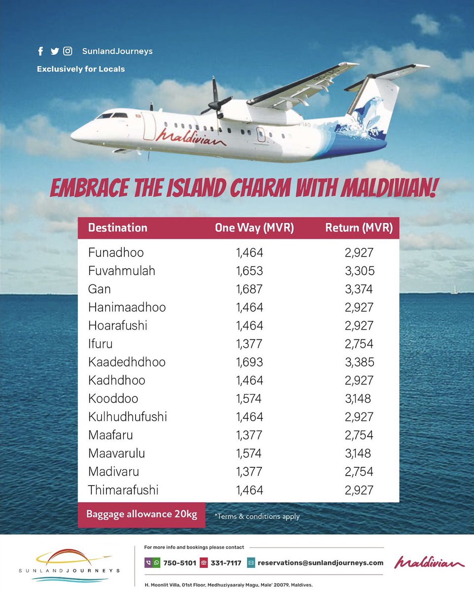 Book Maldivian flights with Sunland Journeys, and travel around Maldives with ease! ✨

For reservations:
☎️ +960 7505101
📧 reservations@sunlandjourneys.com
🌍 sunlandjourneys.com
.
.
.
#DiscovertheMaldives #Maldivian #LocalOffer
#FlyMaldivian #SunlandJourneys