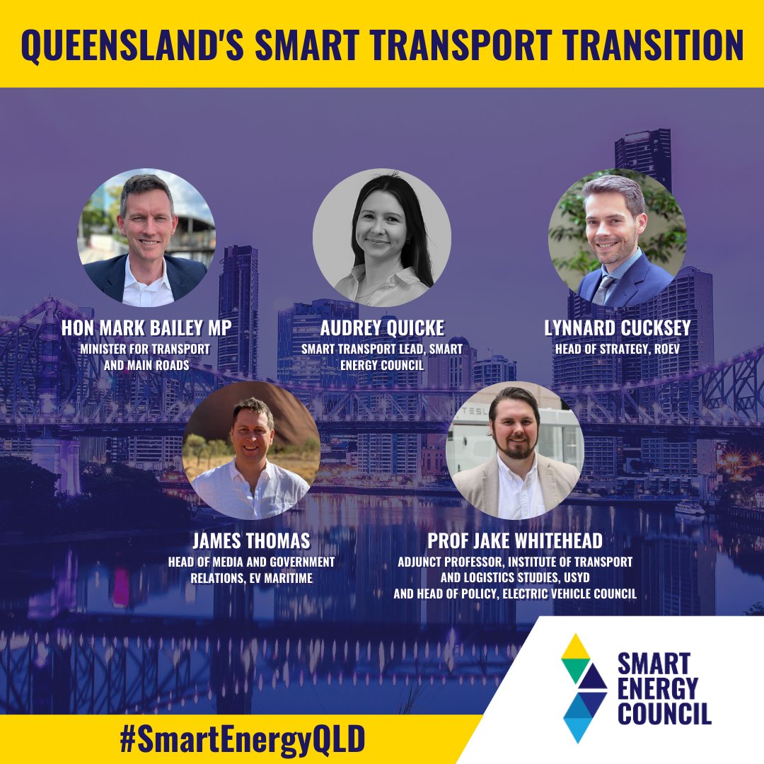 SmartEnergyCncl's tweet photo. On now at #SmartEnergyQLD: Queensland's Smart Transport Transition
☀️ - @MarkBaileyMP
☀️ - @audreyquicke
☀️ - @evmaritime
☀️ - @evcouncil
☀️ - @DrJakeW
☀️ - @jthomasreporter https://t.co/FDduPa7yjG