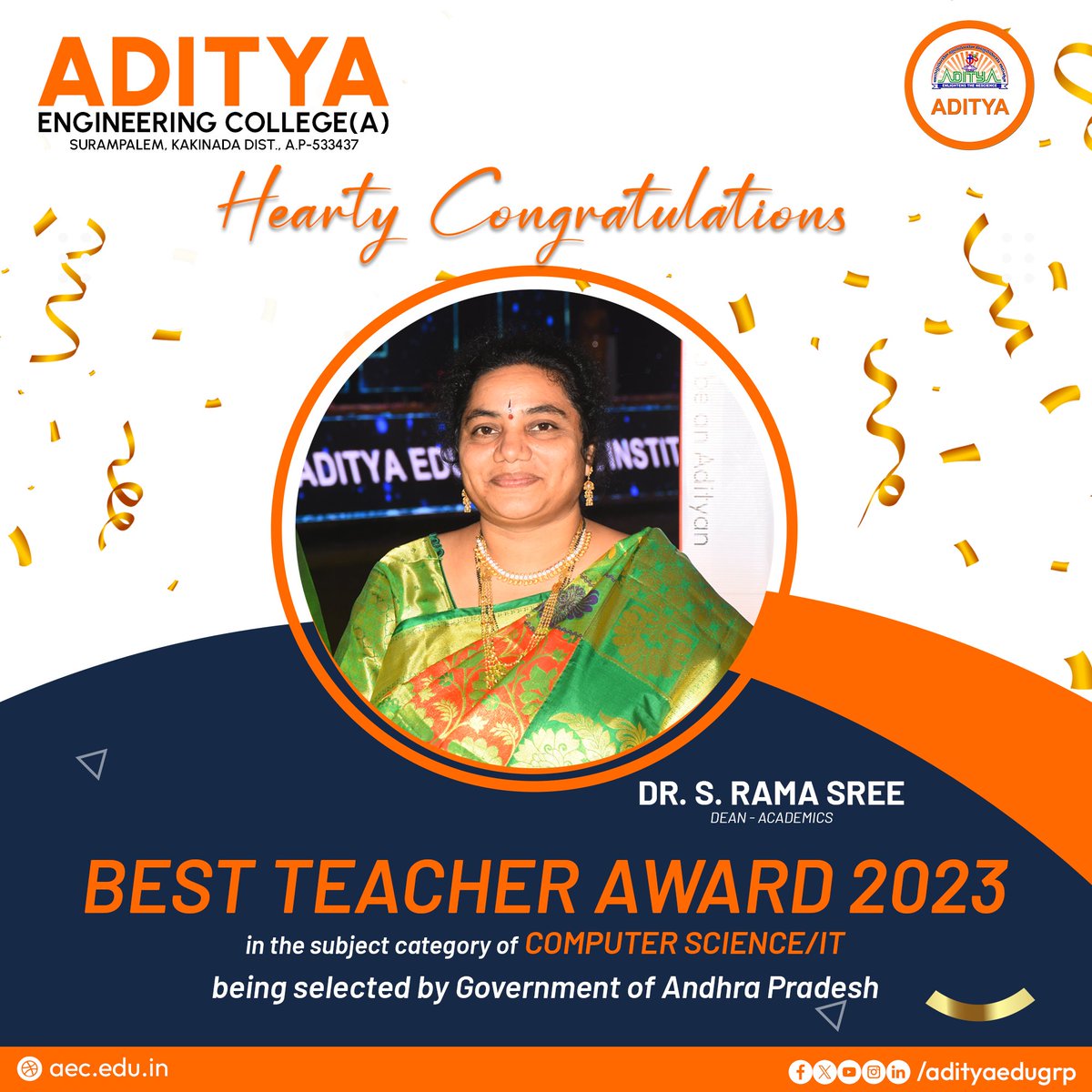 adityauniv's tweet photo. Heariest Congratulations to Dr. S. Rama Sree, Dean-Academics for being selected to Best Teacher Award - 2023 by the Government of Andhra Pradesh.
#BestTeacherAward #adityaengineeringcolleges #nallamillisatishreddy #aec_principal https://t.co/hHGcacJIz0