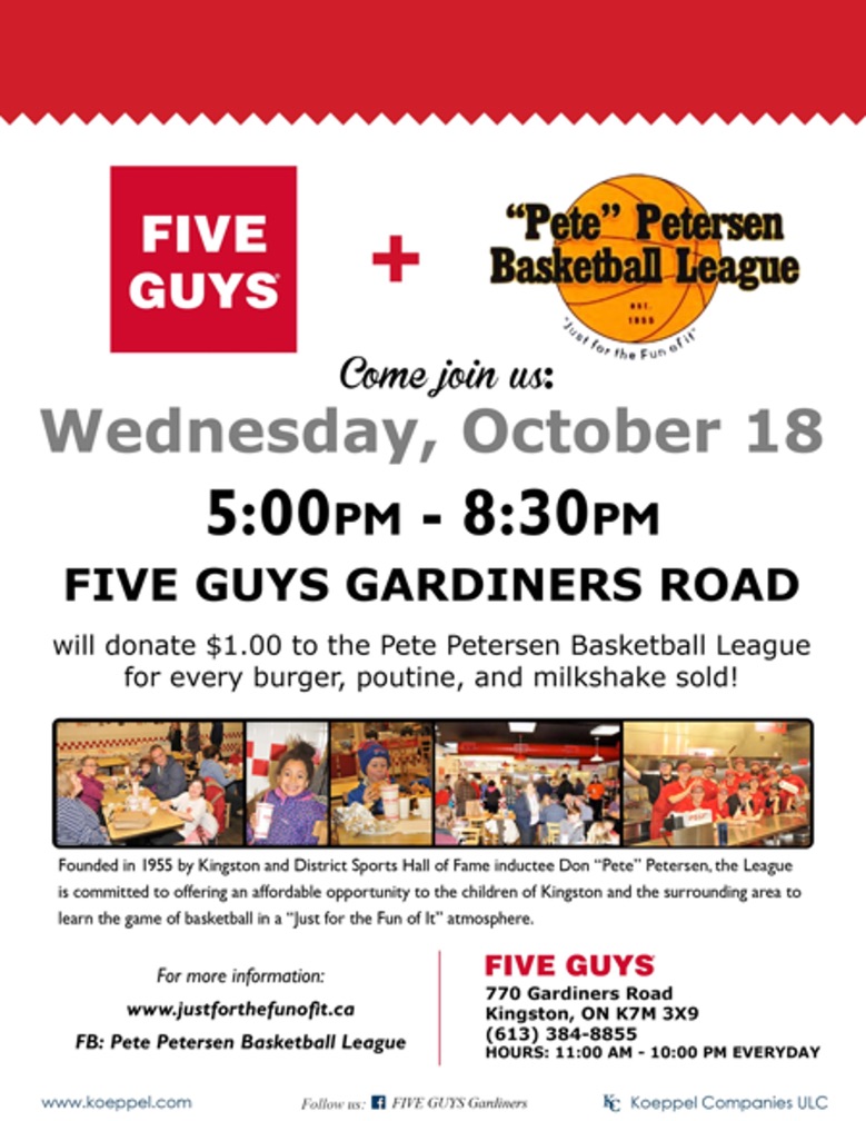 ppbballleague's tweet photo. It's official!! Wednesday October 18 will be our first fund raising event of the season as Five Guys Burgers and Fries on Gardiners Road host our league families and friends. From 5 -8:30 pm $1 from every burger, poutine and milkshake sold will come back to the PPBL. https://t.co/KCPpkMWAQ0