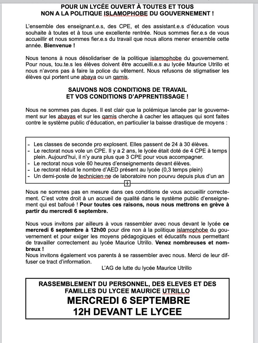 Le Lycée Maurice Utrillo à Stains (93) est en grève contre l'islamophobie et la baisse des moyens. Bravo aux personnels qui se mobilisent pour que toutes les élèves soient accueillies et contre la police du vêtement.