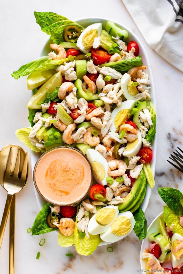 Crab Louie Salad in just 30 minutes – with luxurious lump crab meat, sautéed salt-pepper shrimp, and a delectable Crab Louie dressing. Elevate your salad game!  #CrabLouieSalad #SeafoodDelight