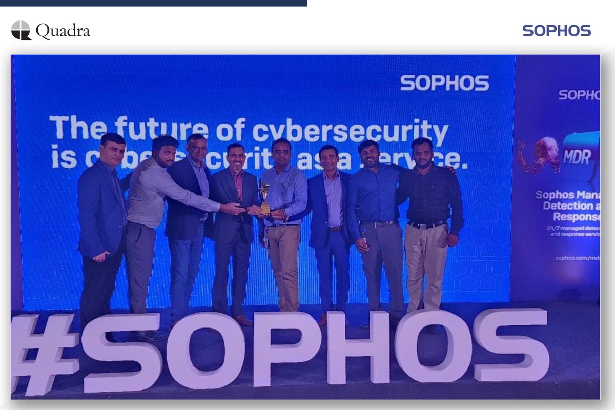 quadrasys's tweet photo. Quadra's Cyber Security Solutions team is proud to announce that we've been recognized as the "Best Solution Partner South" at the Sophos Partner Event held in Bangalore on July 28, 2023.ย ๐
#CyberSecurity #BestSolutionPartner https://t.co/YrrPja6AAm
