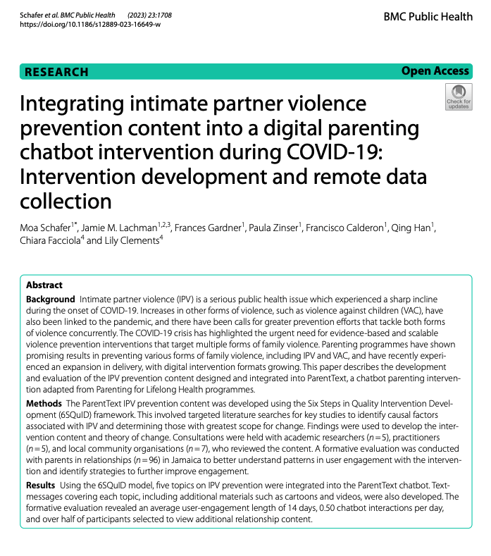 My first DPhil #PhD paper focusing on preventing #IPV using a digital intervention is now published! tinyurl.com/cv7k7hny 
Huge thanks to our collaborators <a href="/UNICEFJamaica/">UNICEF Jamaica</a> <a href="/GlobalSpotlight/">Spotlight Initiative</a> <a href="/GPI_Parenting/">Global Parenting Initiative</a> &amp; <a href="/DSPI_Oxford/">Oxford DSPI</a> @JamieLachman <a href="/francesgardner1/">frances gardner</a> 
#GBV #VAWG #GenderEquality