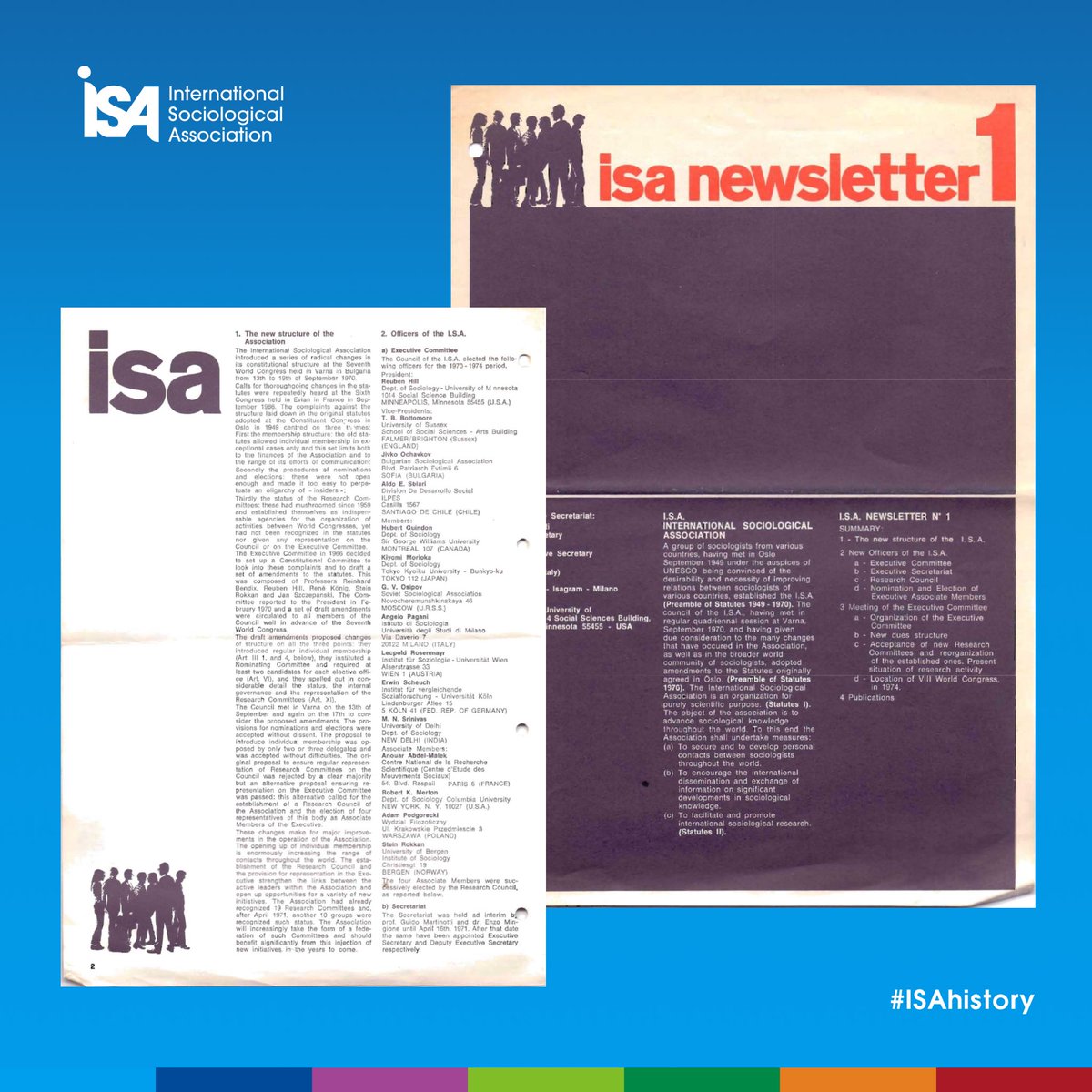isa_sociology's tweet photo. #ISAhistory ๐๏ธ
5๏ธโฃ2๏ธโฃ years ago, in 1971, the first ISA newsletter was published. Itโs fascinating to browse & it provides a lot of historical information, about the growth of worldwide sociology. Reports on meetings show what issues concerned members back then.
๐งตโฆ https://t.co/M30bb9NosD
