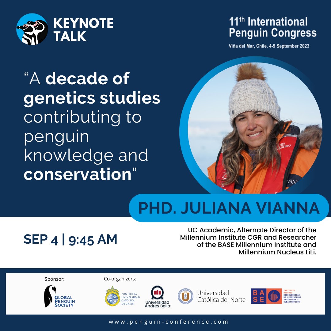 Instituto Milenio BASE (@mileniobase) on Twitter photo #IPC11🐧🧬 ¡Comienza el <a href="/IPC_penguins/">11th International Penguin Congress</a>!
Contará con la charla magistral de la Dra. Juliana Vianna, académica <a href="/ucatolica/">Universidad Católica</a>, directora alterna @mileniocrg e investigadora <a href="/MilenioBASE/">Instituto Milenio BASE</a>
🔵Evento interno | Lunes 4 septiembre | 9:45 h
🔗Programa penguin-conference.com/final-programme #IPC11🐧🧬 ¡Comienza el <a href="/IPC_penguins/">11th International Penguin Congress</a>!
Contará con la charla magistral de la Dra. Juliana Vianna, académica <a href="/ucatolica/">Universidad Católica</a>, directora alterna @mileniocrg e investigadora <a href="/MilenioBASE/">Instituto Milenio BASE</a>
🔵Evento interno | Lunes 4 septiembre | 9:45 h
🔗Programa penguin-conference.com/final-programme