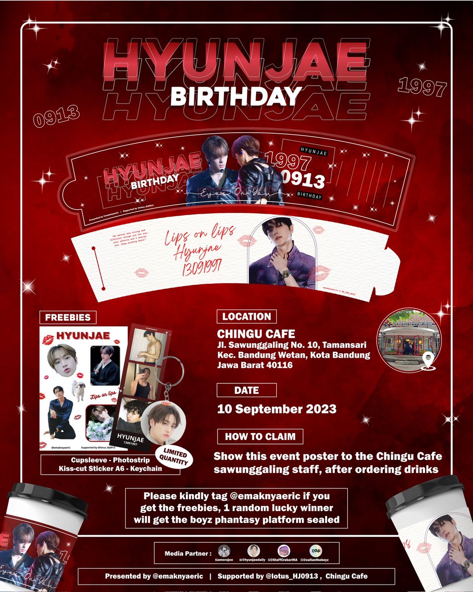 'Eyes on you X Lips on lips'
 
A Cupsleeve Event for Hyunjae's Birthday by <a href="/emaknyaeric/">h</a> 💋

Supported by @.lotus_HJ0913 &amp; Chingu Cafe 

📍At Chingu Cafe, Sawunggaling, Bandung 
🗓 September 10th, 2023 
🕛 At 11.00 till finish

Don’t miss out! 
Details on poster 💋