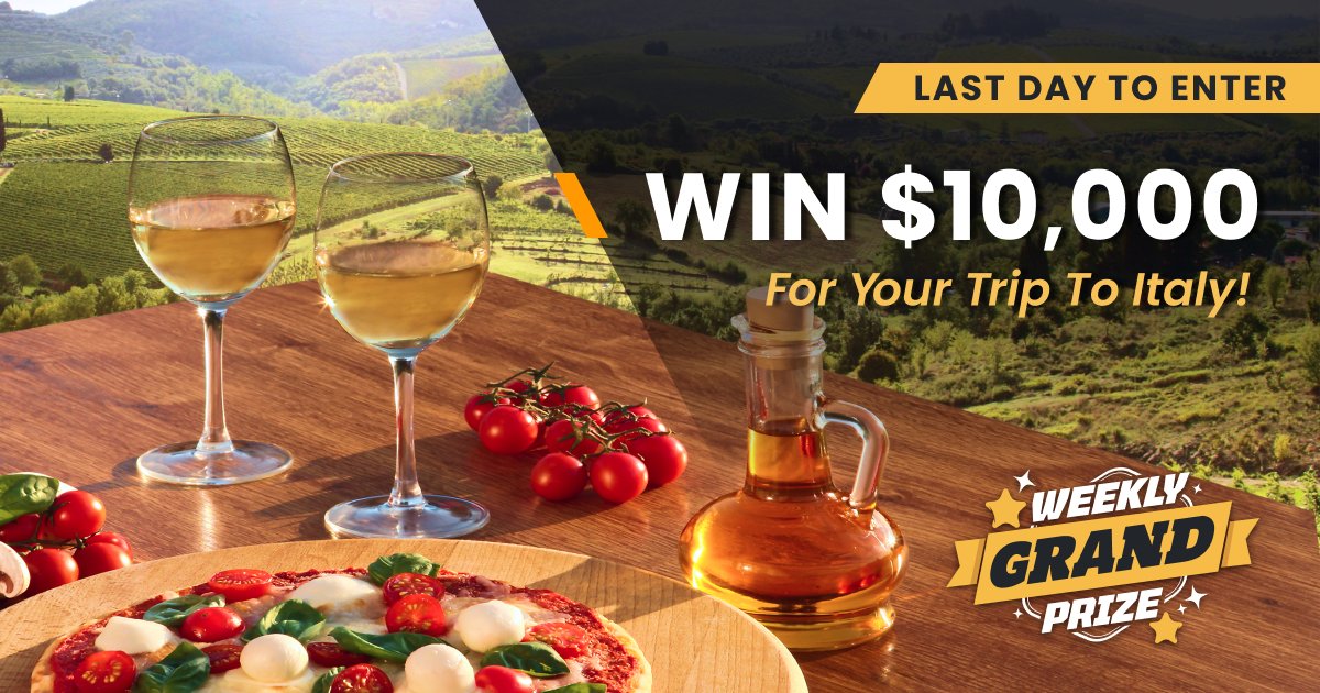 pchdotcom's tweet photo. Work, chores, and the daily grind wearing you down? 😩 Relax, and claim today’s final entries to Win $10,000 For Your Trip To Italy that could have you sipping wine 🍷 and eating pizza 🍕 (the way it was intended) real soon! Hurry - only hours left! https://t.co/GMGJXesqN8 https://t.co/BciDiAClSl