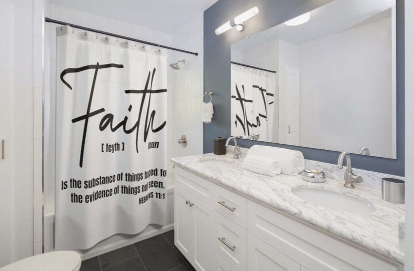 KingdomShoppe's tweet photo. Add an inspiring accent to your bath with this Faith Shower Curtain.  Enhance your Kingdom. Buy https://t.co/qUkCqCJFYx.  #kingdomshoppe #faith #showercurtains #faithaccents #home #bathdecor #Jesus #God https://t.co/qOJq5gAYHs