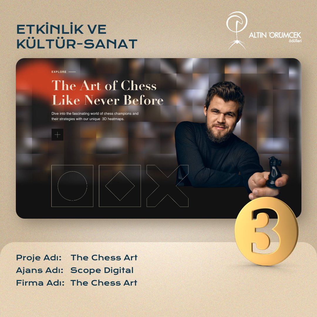 21. Altın Örümcek Ödülleri Web Sitesi - Etkinlik ve Kültür-Sanat kategorisinde 3. olan proje: The Chess Art.
👏🏻 Tebrik ederiz <a href="/AgencyScope/">Scope Digital</a>

#altinorumcek2023 #yapayağlar