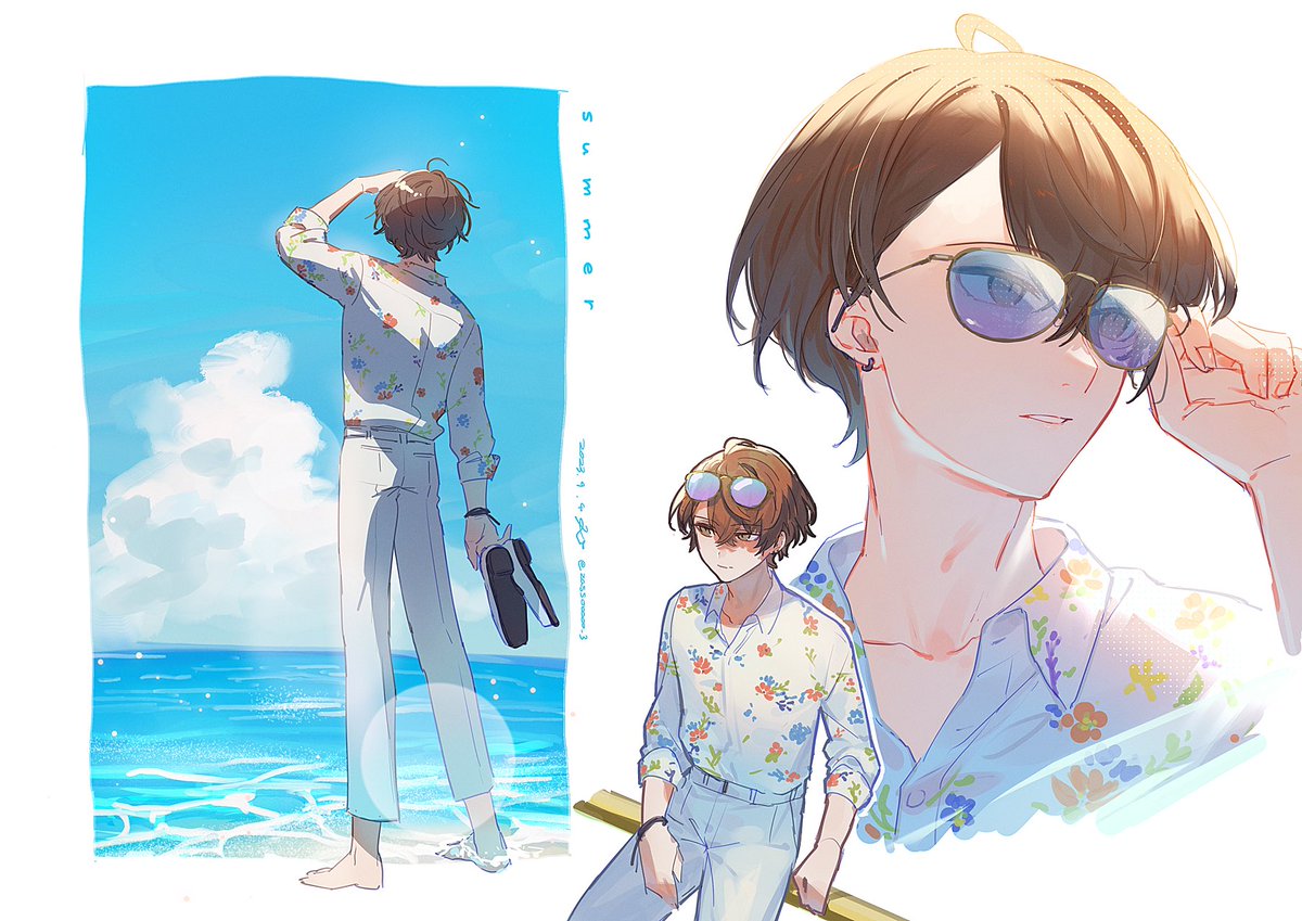 brown hair sunglasses holding shirt 1boy short hair white pants  illustration images