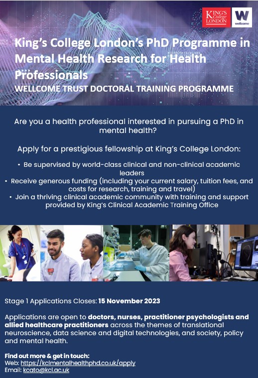Applications are open for the King’s #PhD Programme in #MentalHealth #Research for #HealthProfessionals! Entry 2024-25 Apps close: 15 Nov 2023 kclmentalhealthphd.co.uk 1/3