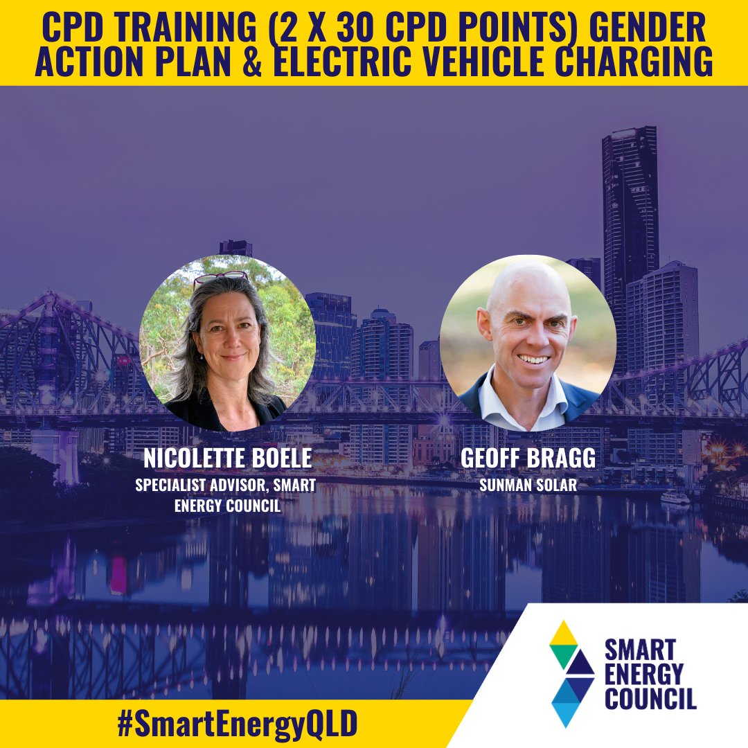 SmartEnergyCncl's tweet photo. On now at #SmartEnergyQLD: CPD Training - Gender Action Plan & Electric Vehicle Charging
☀️ - @Nicolette_Boele
☀️ - @sunman_geoff https://t.co/k5pUcV6rc9