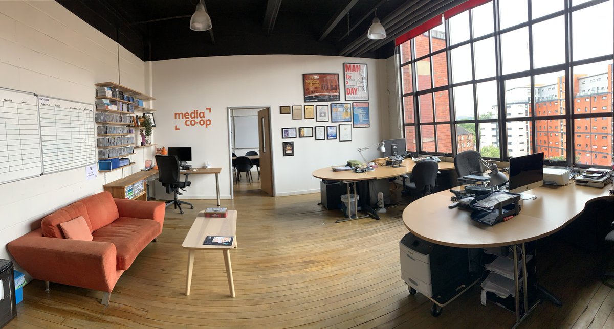 mediaco_op's tweet photo. In a #Glasgow co-operative, fed up working from home, missing a tea break blether?  Join our experimental co-op co-working space at Templetons. Affordable hot desks, dedicated desks, meeting room - with swing park, car park, city bikes and brewery. Contact Louise@mediaco-op.net https://t.co/6cGSiRzaxf