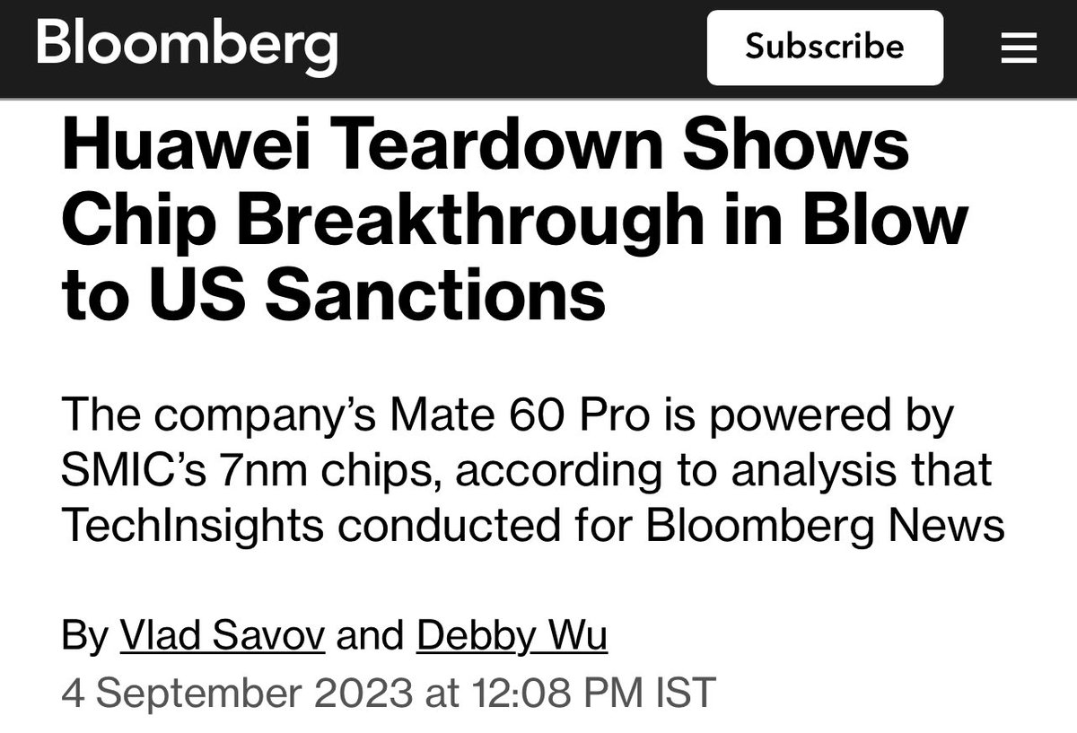 Kanthan2030's tweet photo. 🔥Chinese scientists deliver a kung-fu kick to the American imperialists’ nuts.

Huawei and SMIC - both under US sanctions- have created 7nm chips without the gear from Dutch firm ASML, which shamelessly obeyed the US empire.

Tech Insights and Bloomberg findings:

“Testing by Bloomberg News showed the [Huawei] Mate 60 Pro capable of cellular speeds on a par with 5G devices like Apple Inc.’s latest iPhones.”

China will eventually have its own EUV lithography machines. And then the semiconductor race will be over. That’s when the US stock market will crash.