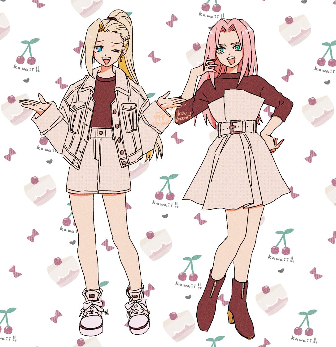 haruno sakura multiple girls 2girls pink hair blonde hair skirt jacket one eye closed  illustration images