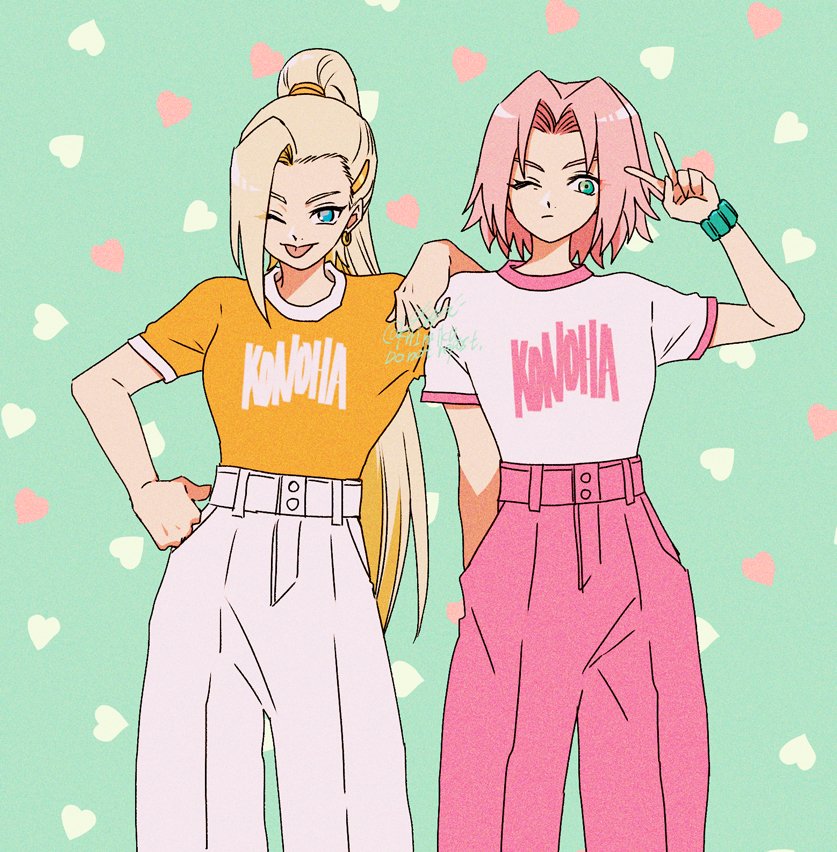 haruno sakura multiple girls 2girls pink hair blonde hair skirt jacket one eye closed  illustration images