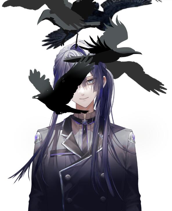 bird 1boy male focus crow white background long hair solo  illustration images