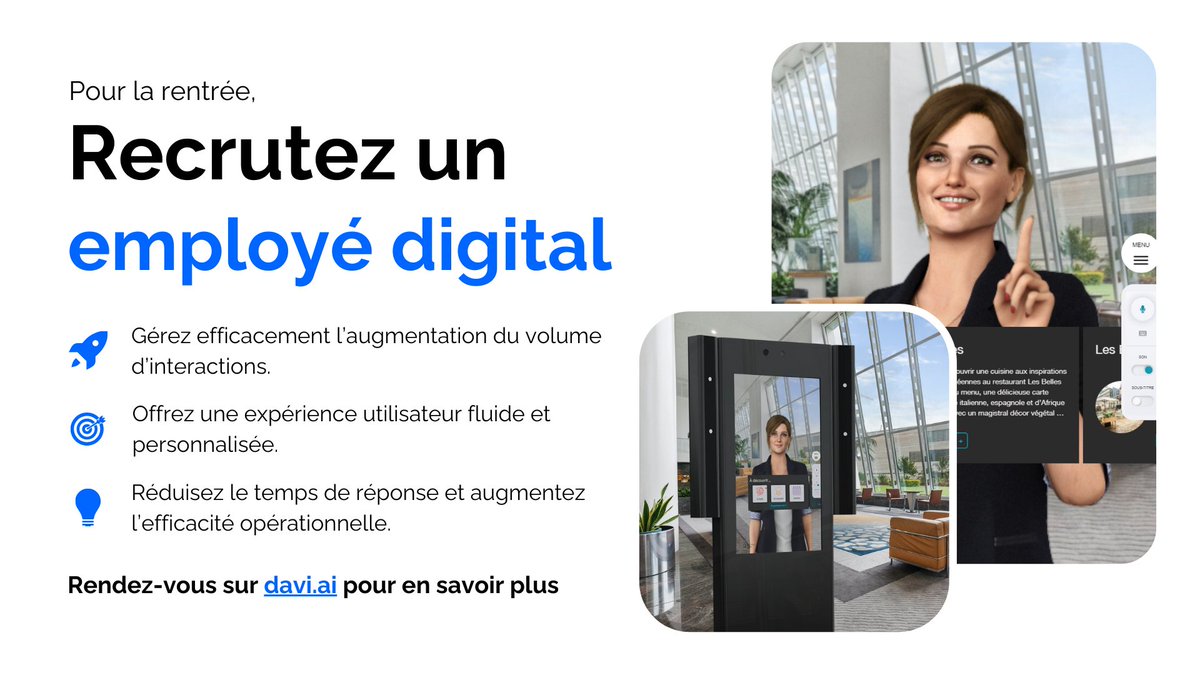 🎉 C’est la rentrée ! 💬 Besoin d'une solution pour une rentrée sans stress ? 

Alors que la rentrée bat son plein, nos agents conversationnels incarnés en 3D vous épaulent 24h/24 et 7j/7 ! 

Obtenez votre démo 1 to 1 : davi.ai/contact 

#rentree2023 #agentconversationnel